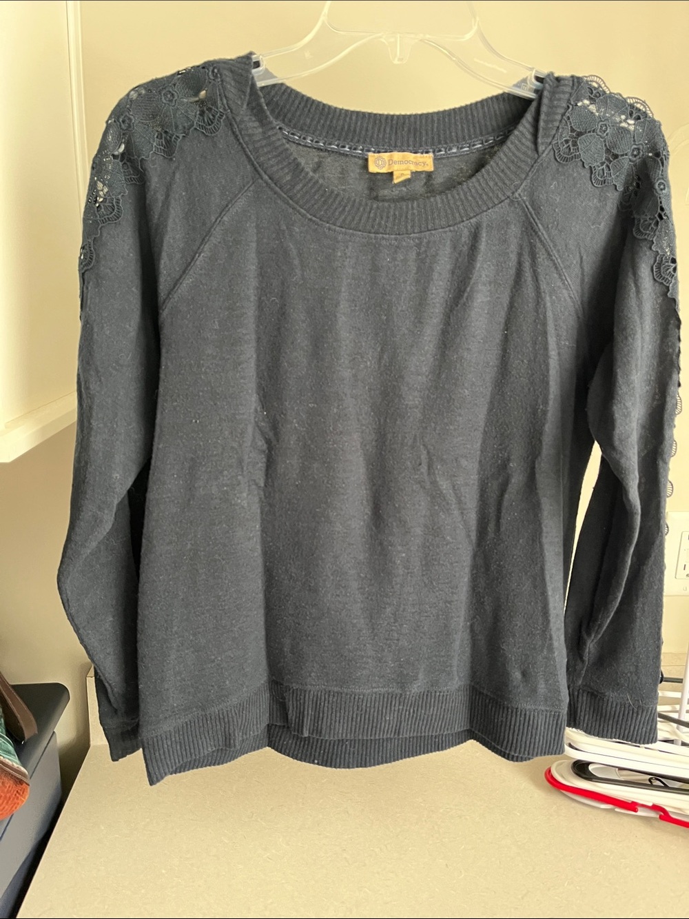 Democracy Navy Lace-Shoulder Sweatshirt
